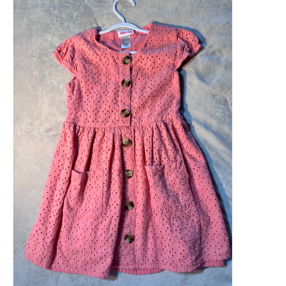 Little Lass Girls Pink Eyelet Button Front Dress Size 6X Cap Sleeve Pockets